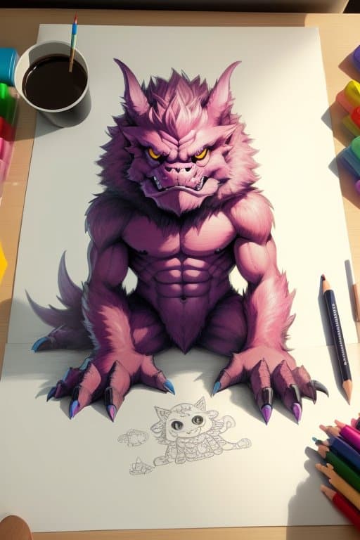 AI generated: anthro monster drawing, cute monster drawing human on canvas, ((drawn by a kid)), child's drawing, (...