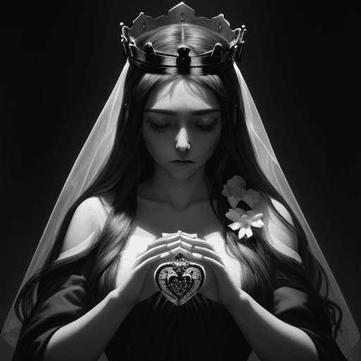 AI generated: Madone, black tears, virgin crown, flowers on the hair, drapped dress, strong illumination, sacred h...