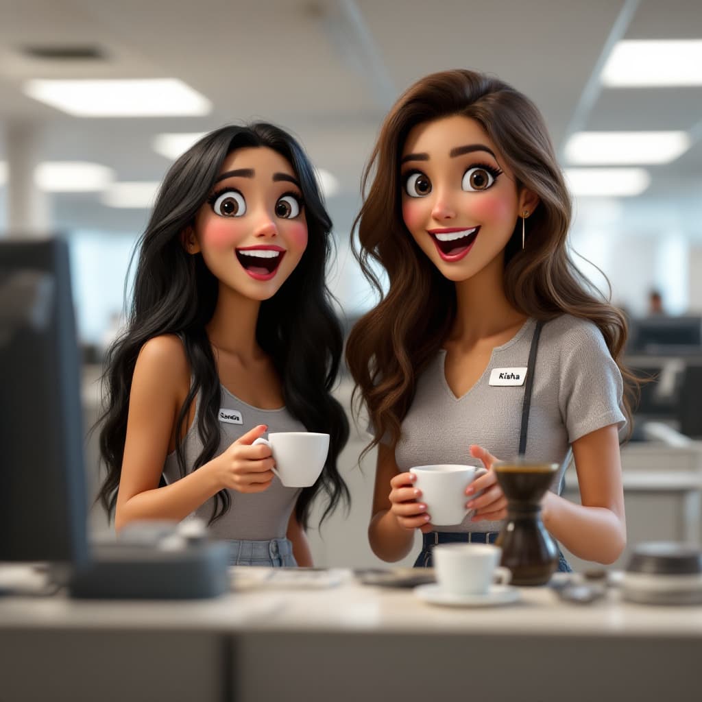 AI generated: two very excited, spanish young ladies, the one with long black hair is taller than the other lady w...
