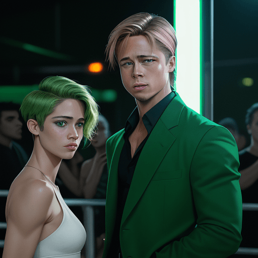 AI generated: Martin Ansin style, light green and light emerald green, young Brad Pitt in the background, with the...