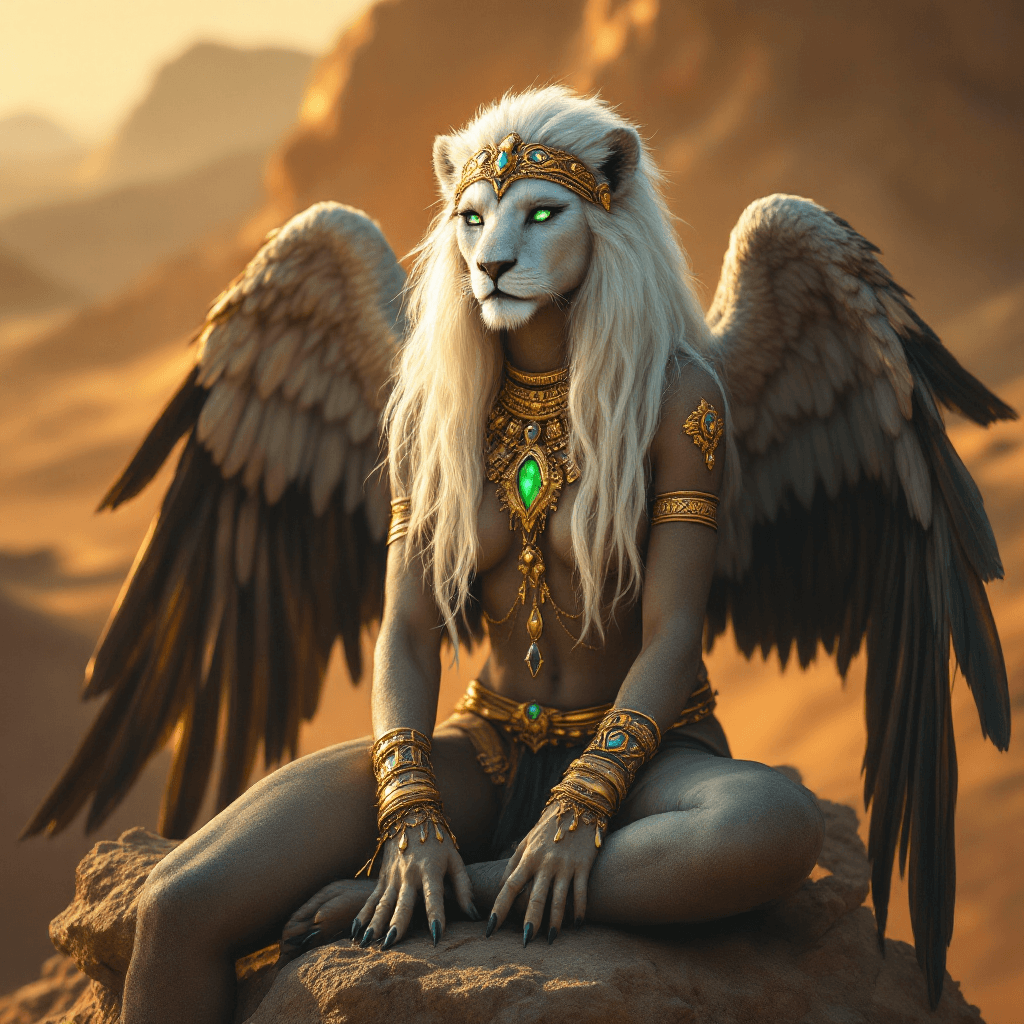 AI generated: A majestic creature with a lion's body, eagle's wings, and a human head with long, platinum blonde h...