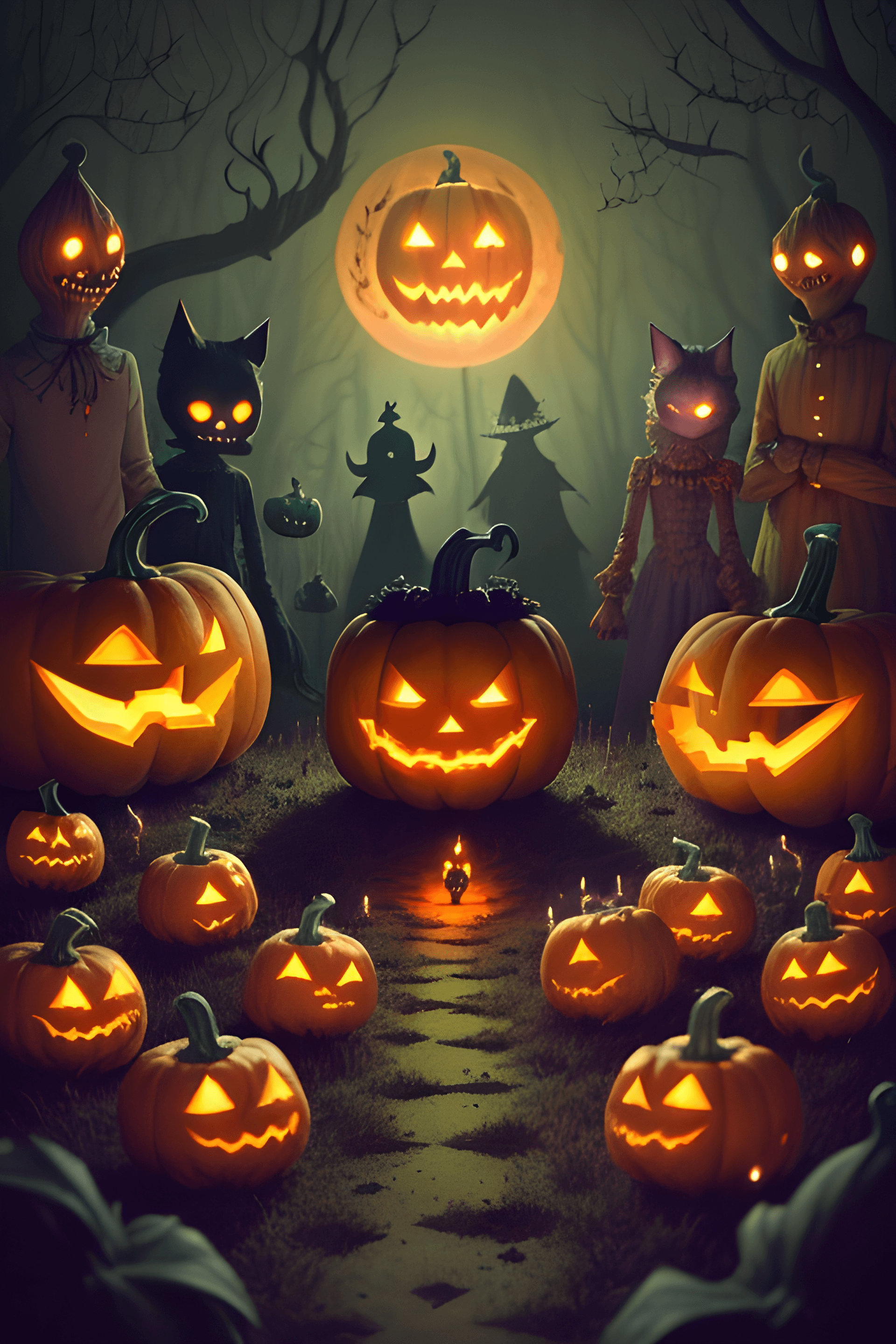 AI generated: Weird, horror,Pumpkin man, jack-o-lantern, night scene, mysterious, psychedelic, candle, sacrifice, ...