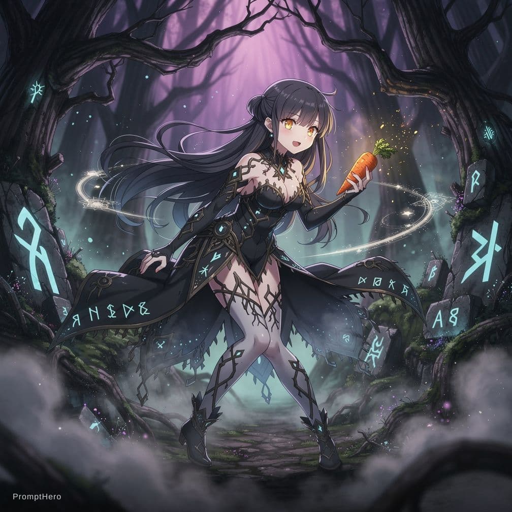 AI generated: chthonic anime girl, dark fantasy, cute yet eerie, long dark hair, glowing eyes, pale skin, holding ...