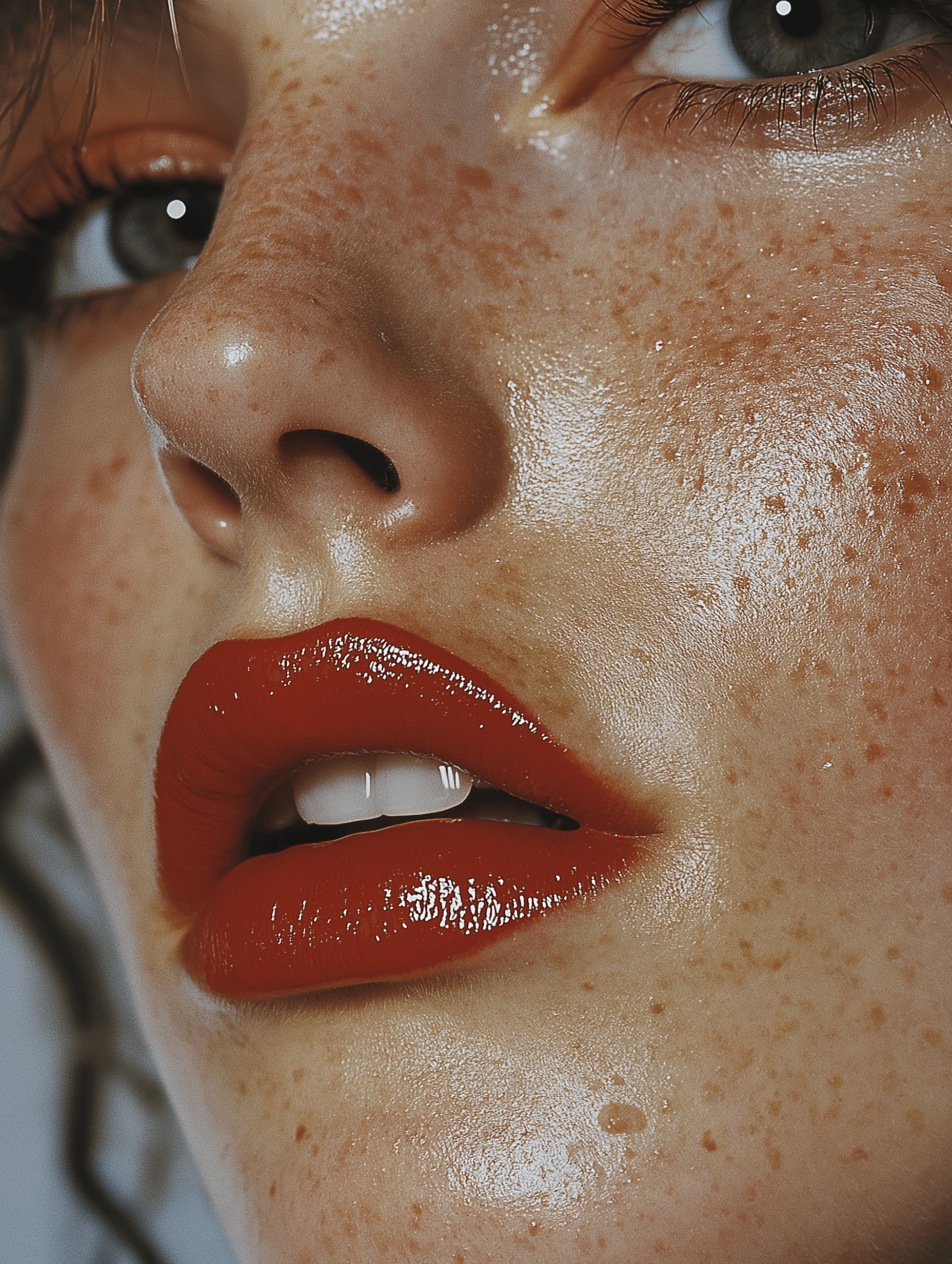 AI generated: Close-up of a model with red eyeliner and red lips, fashion photography, high resolution, high detai...