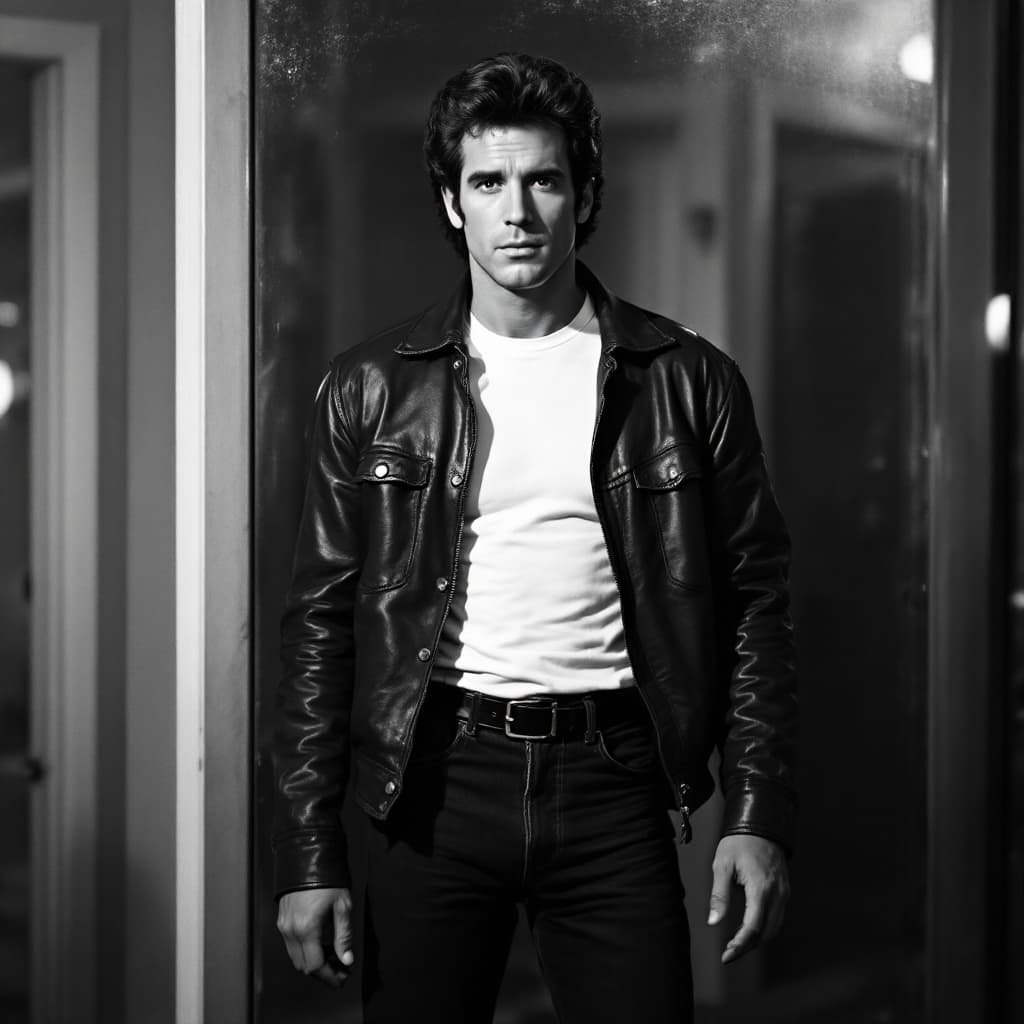 AI generated: A black-and-white scene captures the effortlessly cool essence of the Fonz from *Happy Days*. Standi...