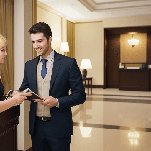 AI generated: Picture of a hotel guest, a man giving his passport to the hotel receptionist