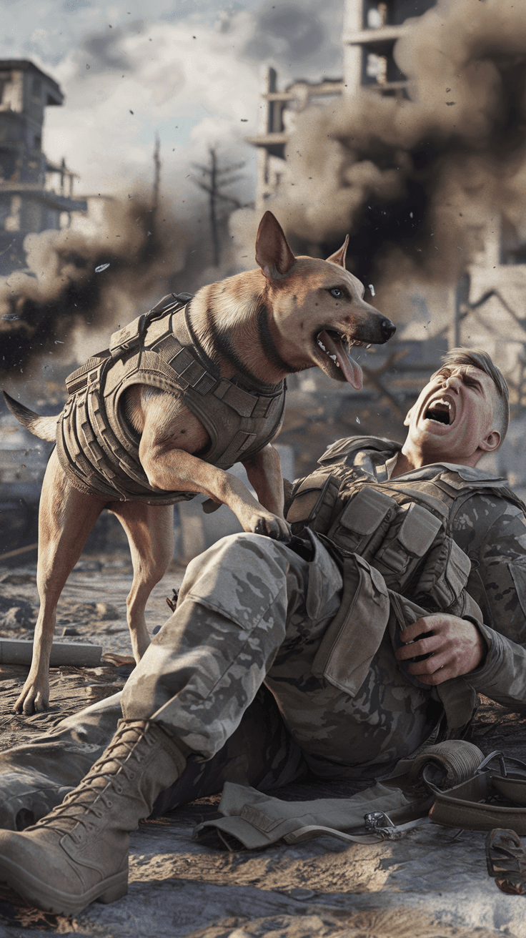AI generated: a stray dog in army gear barks on a soldier's leg, the soldier screams, clouds of smoke around, phot...