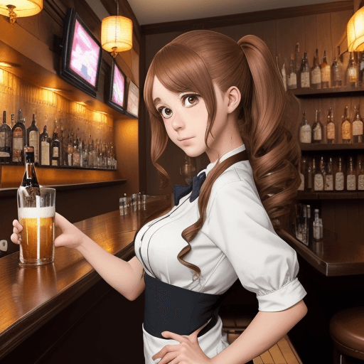 AI generated: An anime girl working as a bartender, bar, bartender outfit, 26 years old, bar, beer bottles in back...