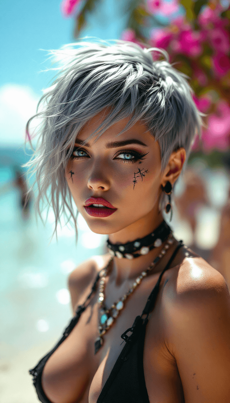 AI generated:  an ultrarealistic instagram anime model on a Beach party,short punk style hair,gothic makeup,ultrad...
