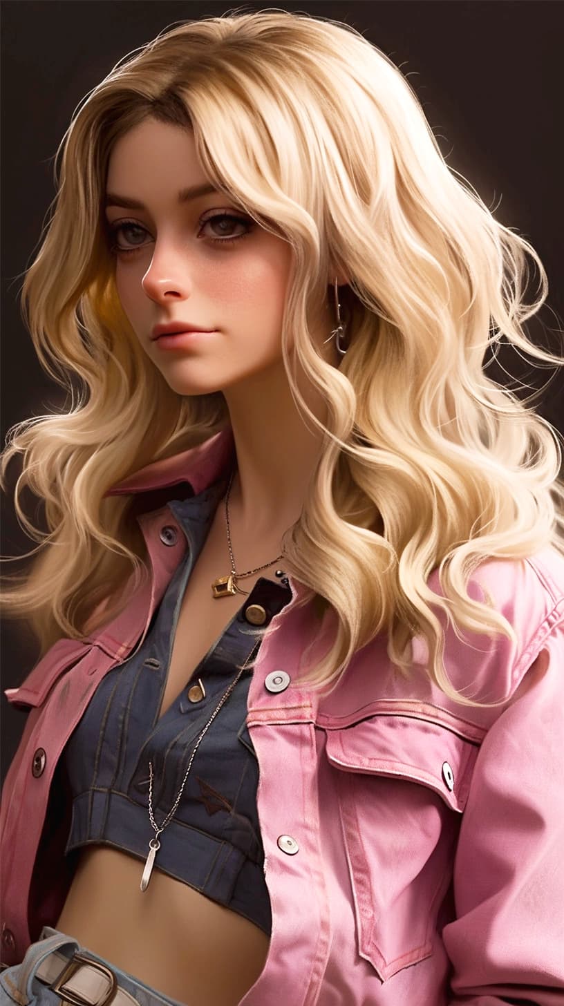 AI generated: Beautiful American lady with long blonde hair, pink denim jacket, blue jeans, anime 3d, 8k, unreal e...