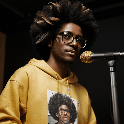 AI generated: A male dark-skinned singer with a dark afro highlighted with golden streaks, wearing a casual sweats...