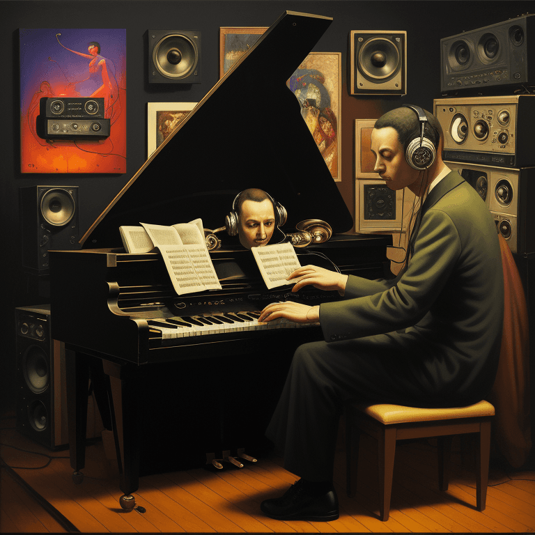 AI generated: music Album cover picture, jazz, surreal art, oil picture, radio, speaker, piano, electronic equipme...