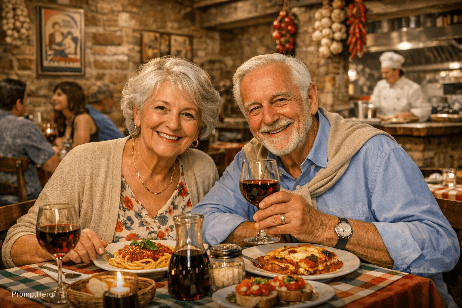 AI generated: Senioren Ehepaar in einem italienischen Restaurant.