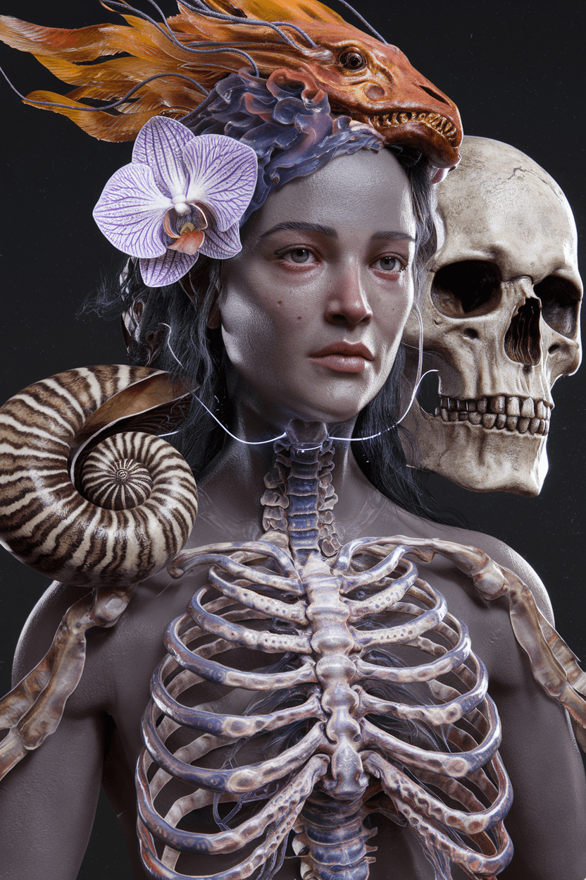 AI generated: Goddess close-up portrait ribcagel. jellyfish phoenix head, nautilus, orchid, skull, betta fish, bio...