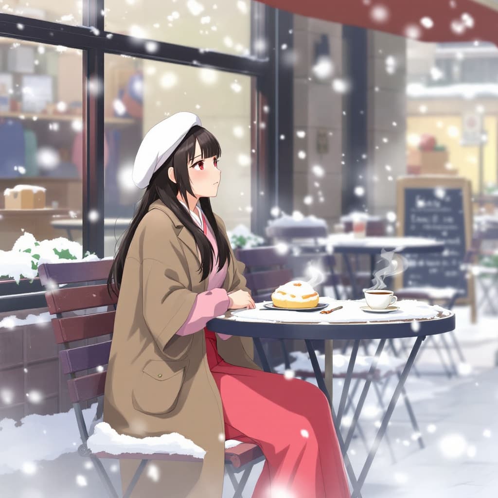 AI generated: winter, snowing, Outdoor seating at the Café, a pencake and a cup of tea are on table, the girl is l...