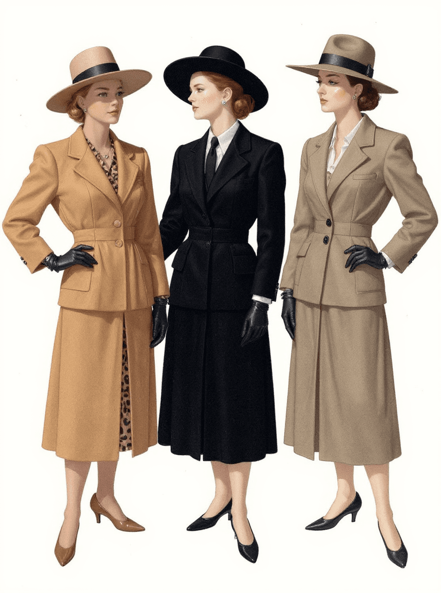 AI generated: Three women in vintage fashion attire, clipart on white background, dressed for the evening with lon...