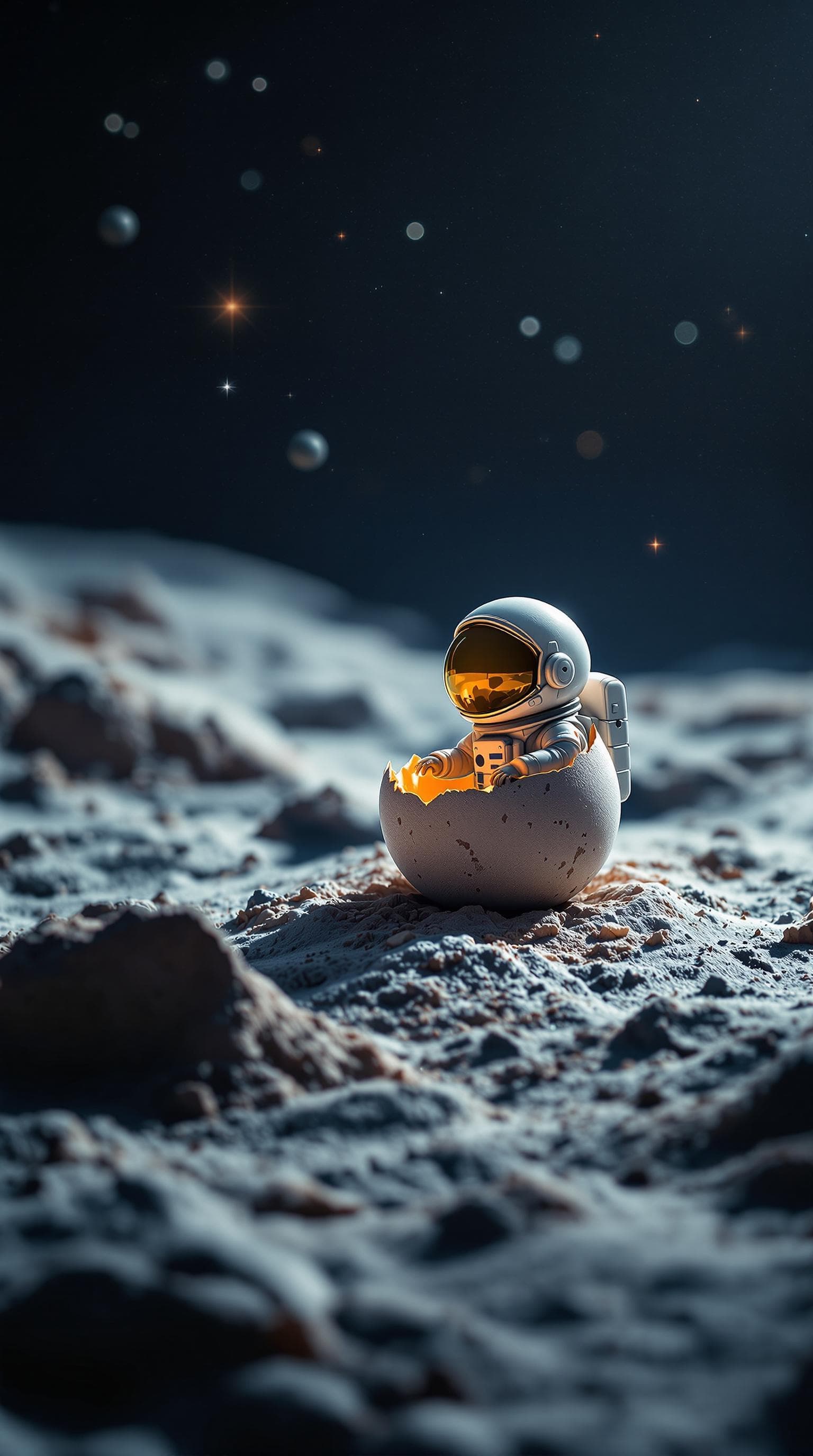 AI generated: a tiny astronaut hatching from an egg on the moon