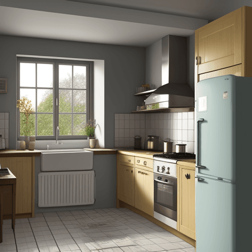 AI generated: kitchen scene with cooker on the left and window open to the outside with a radiator below. 
Animati...