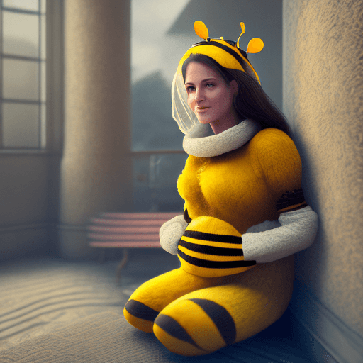 AI generated: High resolution photography of a pretty woman in a bee costume, wearing socks, cozy atmosphere; 8k, ...