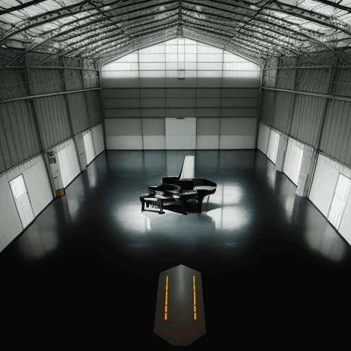 AI generated: a large covered hangar, wide shot, overhead view, a very large, dark, empty space, a grand piano on ...