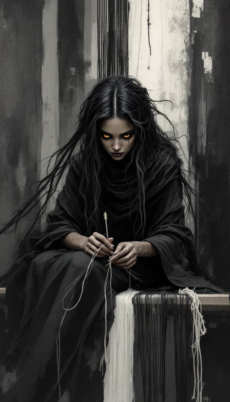 AI generated: "Midnight Weaver in a Loom of Shadows": A captivating abstract painting features a weaver, with a bl...