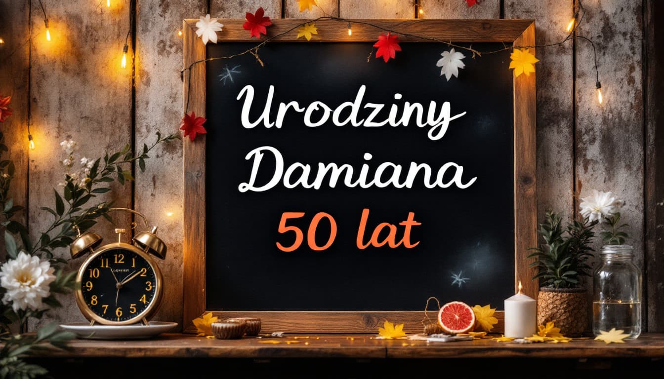AI generated: board for a birthday party, Text on the screen  "Urodziny Damiana 50 lat" 