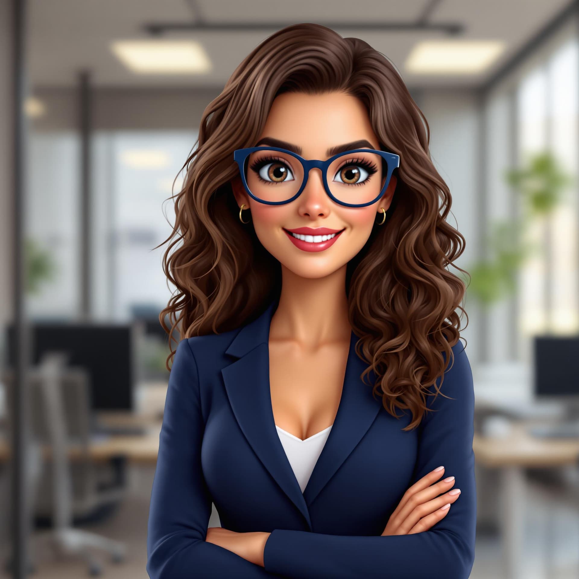 AI generated: A virtual avatar of an attractive woman in late forties with long curly brown hair and glasses, wear...