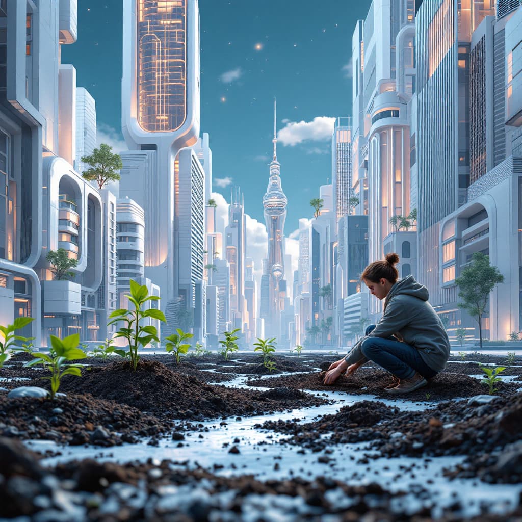 AI generated: Someone planting seeds while futuristic buildings grow around them in time-lapse style, 3D time dist...