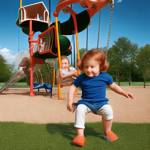 AI generated: High resolution photography destroyed buildigs, swing child on the playground