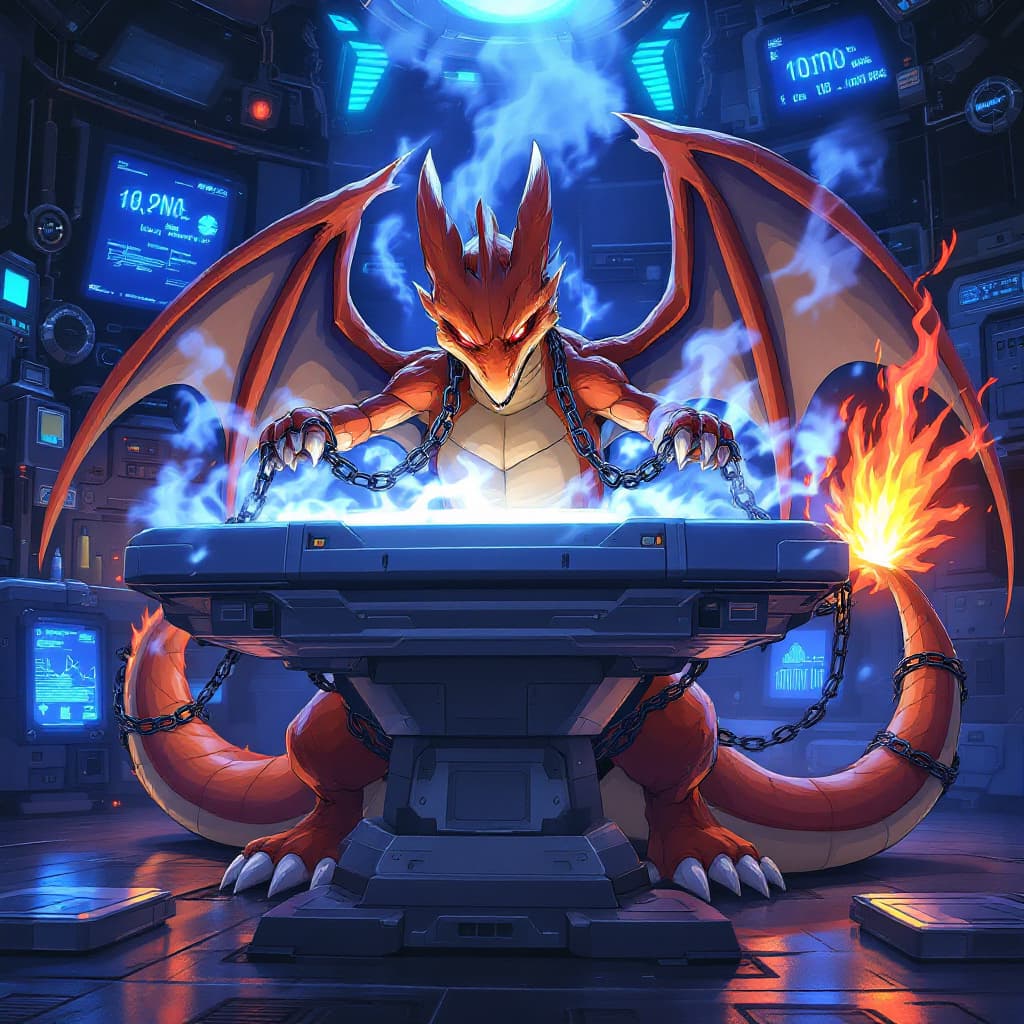 AI generated: Charizard, no humans, 10s, creatures (company), fangs, fire, game freak, gen 1 Pokémon, high-resolut...
