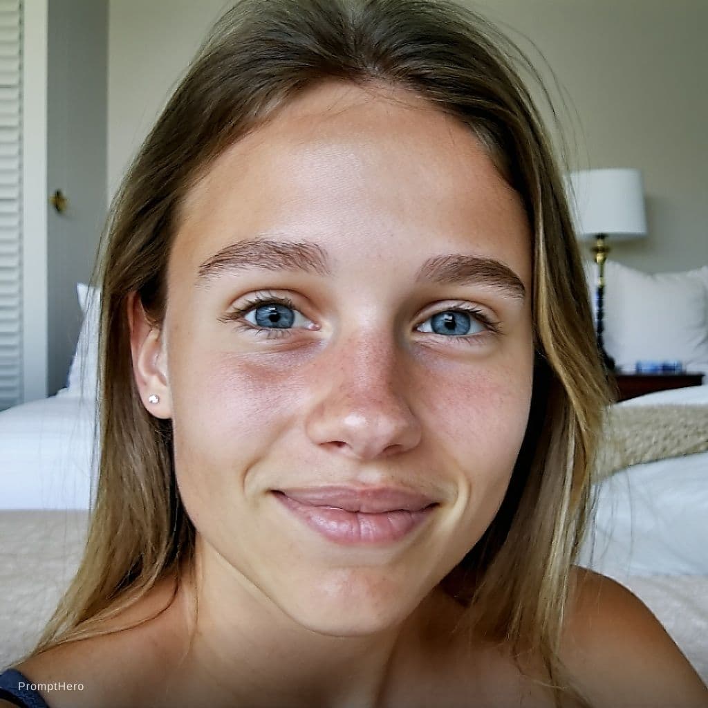 AI generated: real photo of a young woman sitting on a bed. She is wearing a navy blue bra and matching panties. H...