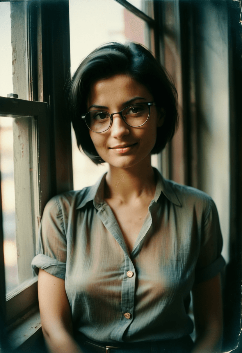 AI generated: analog color film photograph of a woman with a small smile, leaning her head on the window, short bl...