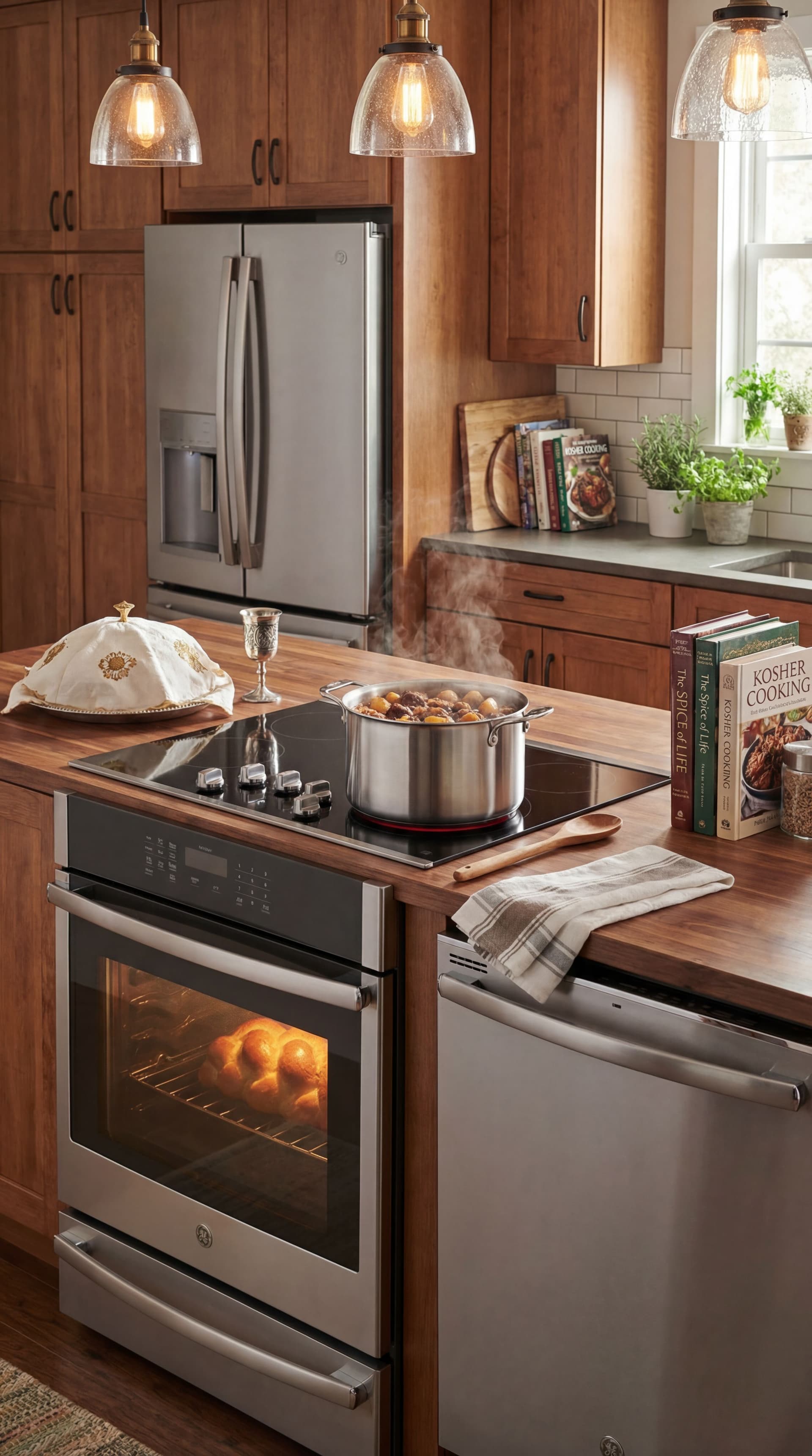 AI generated: Turn into life style photo. Make stove have pot with food that's cooking. Food should be Kosher. 