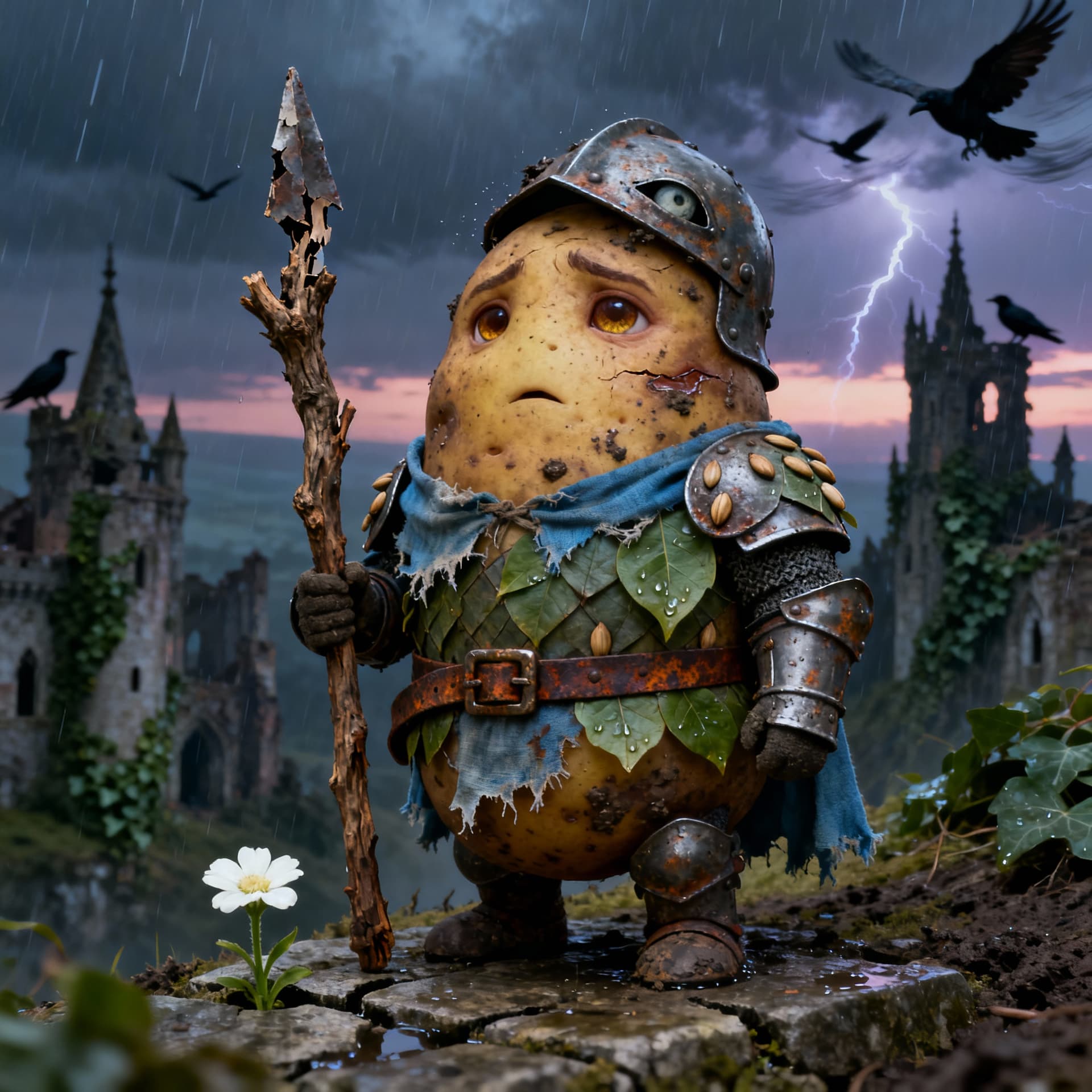 AI generated: 



“Hyperrealistic miniature potato knight as Lancelot, knee-high, standing alone on a rain-dre...