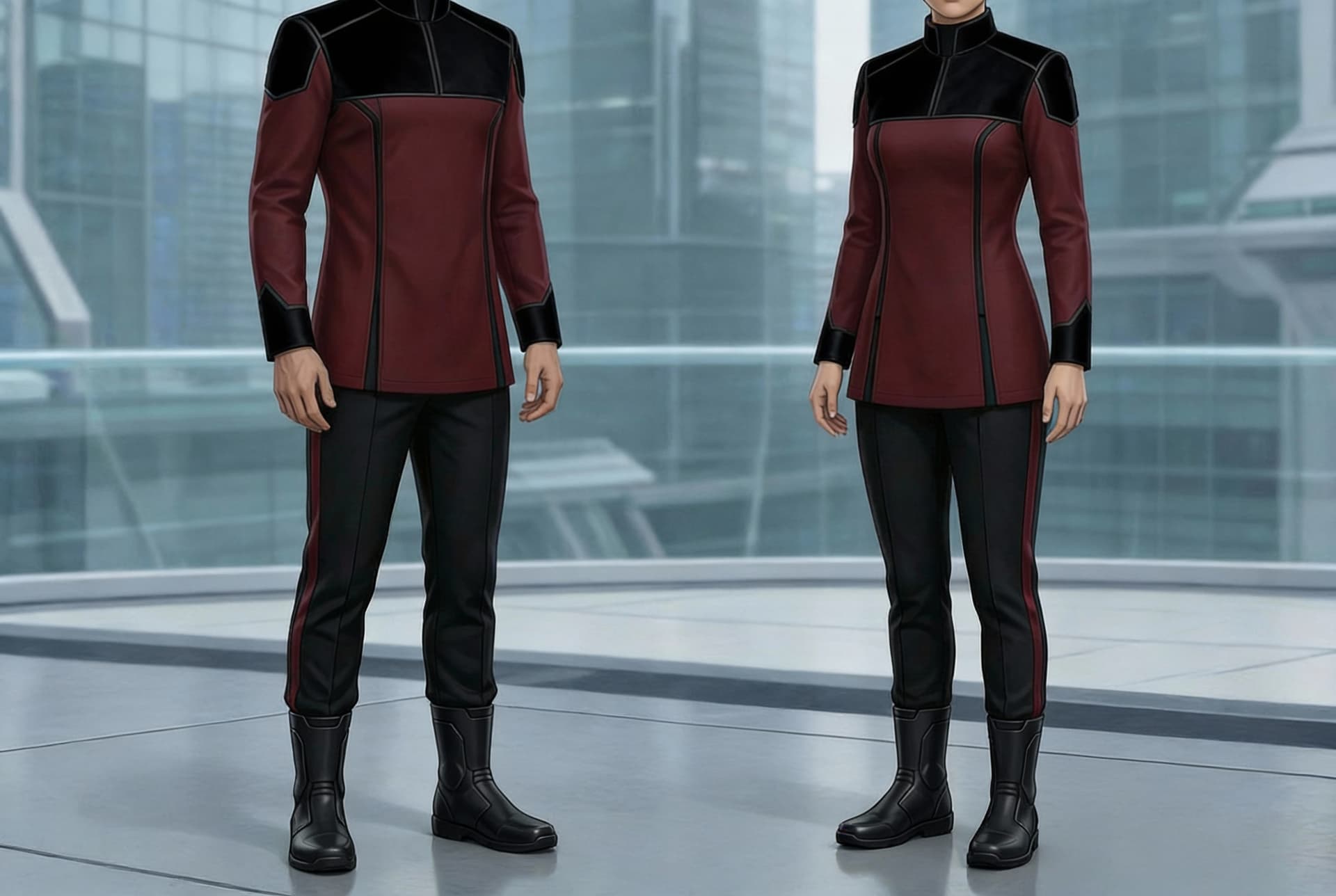 AI generated: Create matching Sci-Fi uniforms. Use the reference image 1, and add Black shoulder Slats and Black s...
