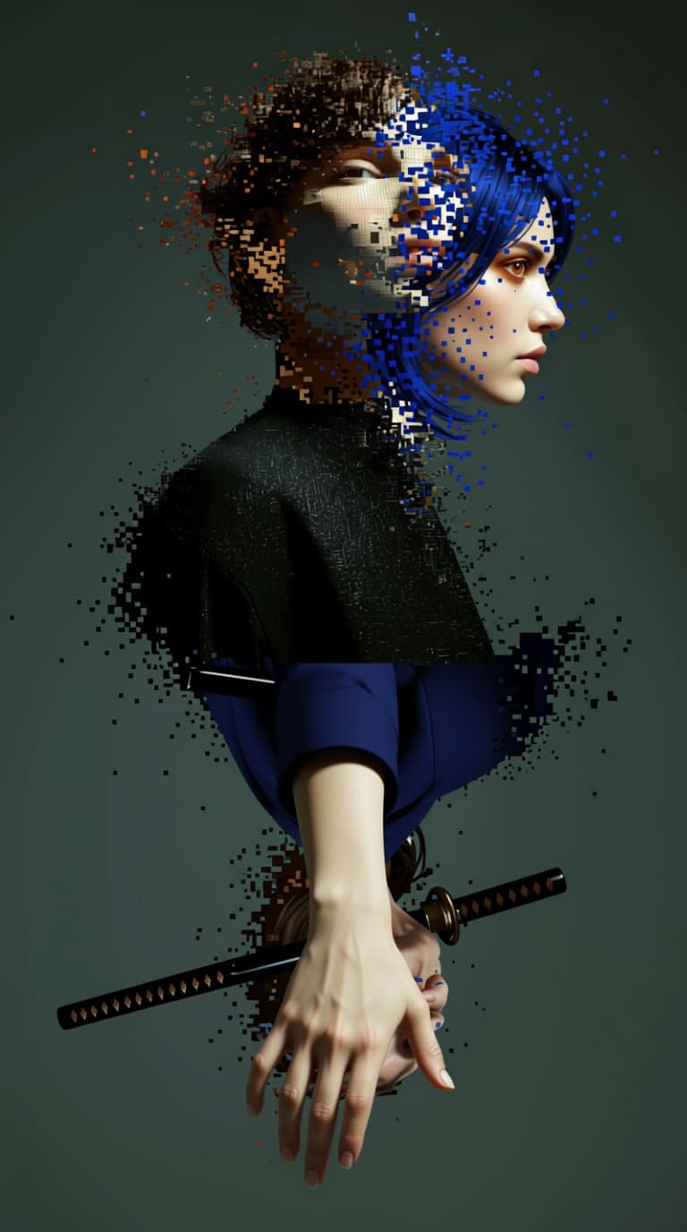 AI generated: À partir de cette image, je voudrais que le côté droit de la fille, elle est les cheveux bleu foncé ...