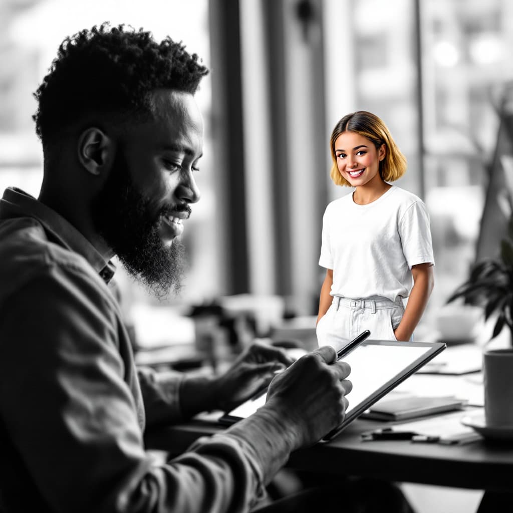 AI generated: A black-and-white photograph of a creative professional working on a digital tablet, with a vibrant,...