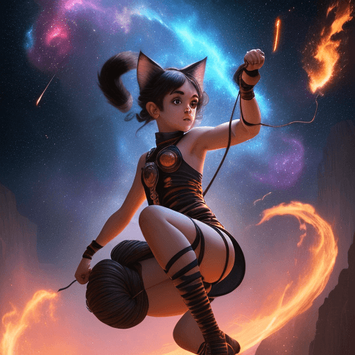 AI generated: cinematic young beautiful pretty and cute female with a monkey tail, big eyes, kitty ears and carre ...