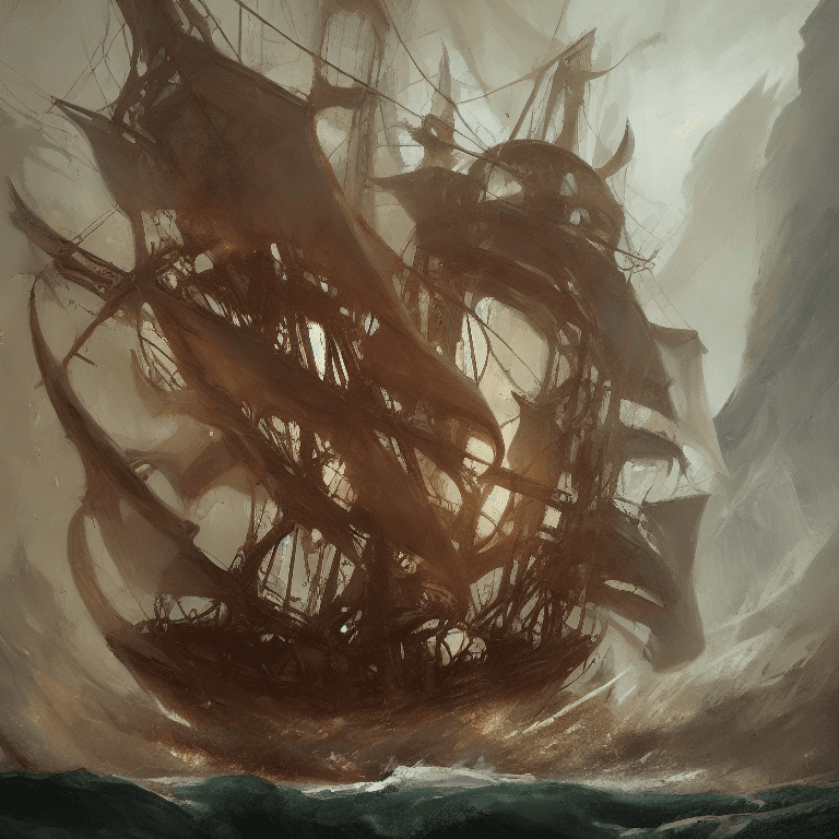 AI generated: oil painting with heavy impasto of a pirate ship and its captain, cosmic horror painting, elegant in...
