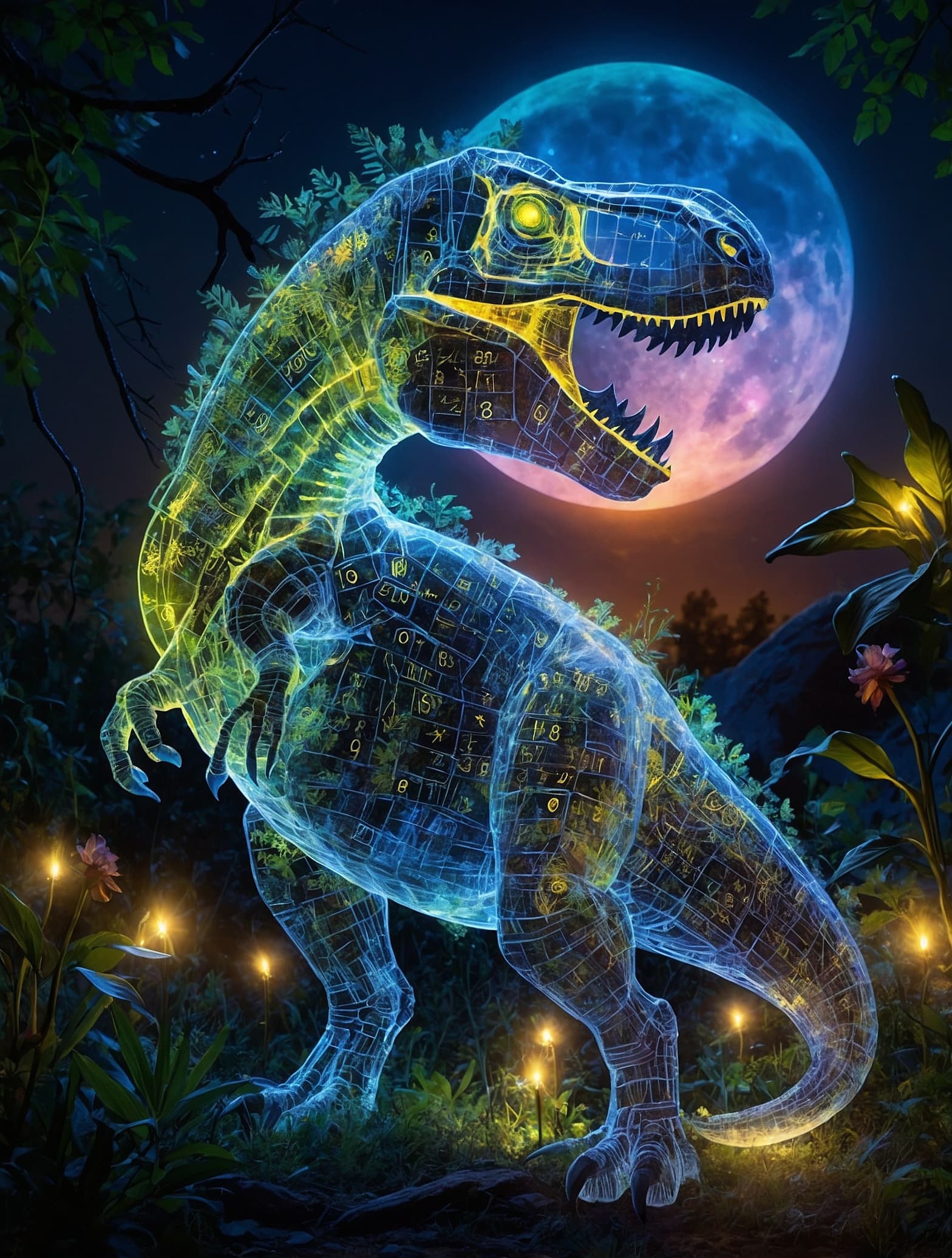 AI generated: Transparent Dinosaur silhouette composed of translucent, glowing mathematical matrix code, infused w...