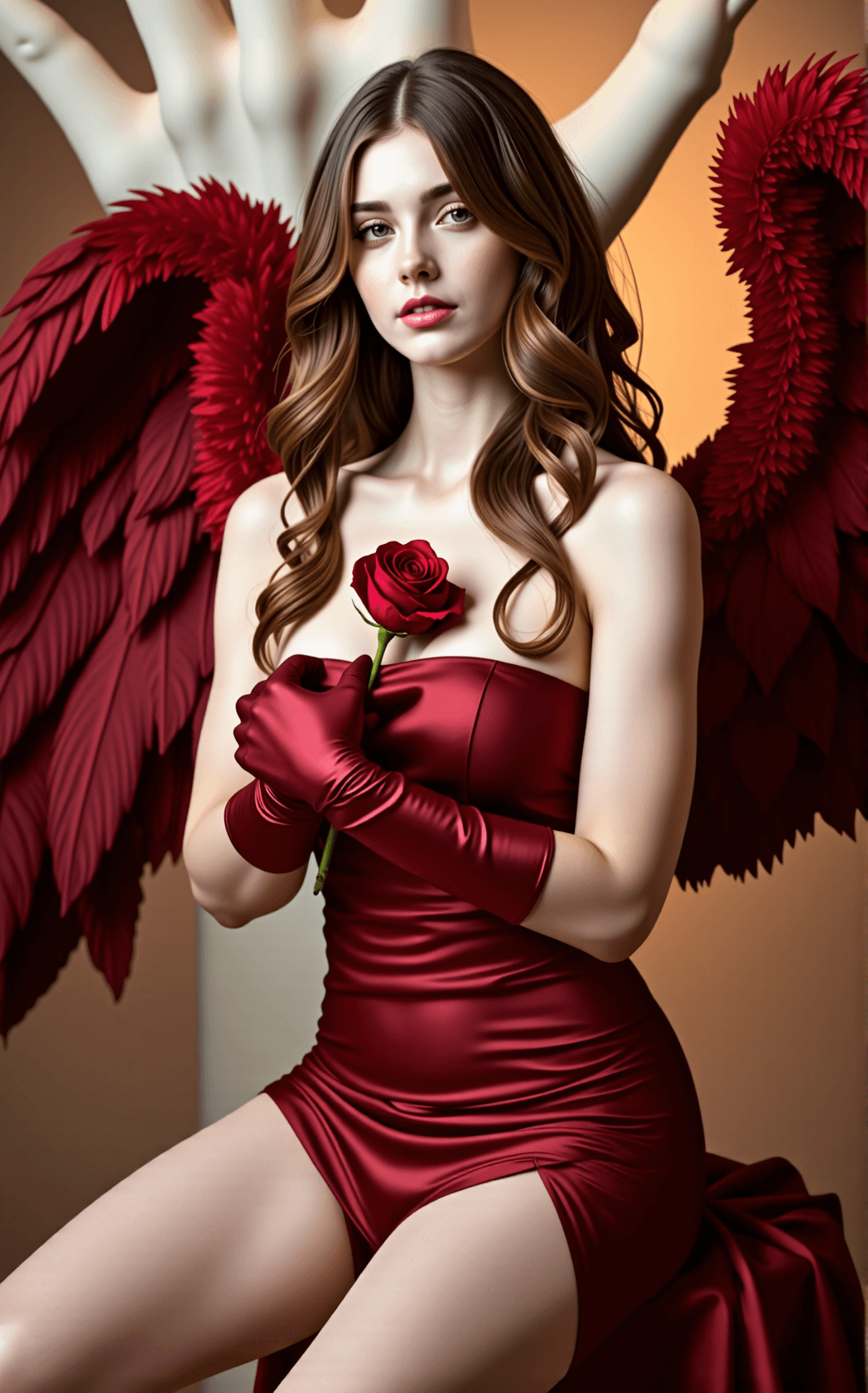 AI generated: A hyper-realistic, ultra-detailed fantasy portrait of a statuesque young woman with an hourglass fig...