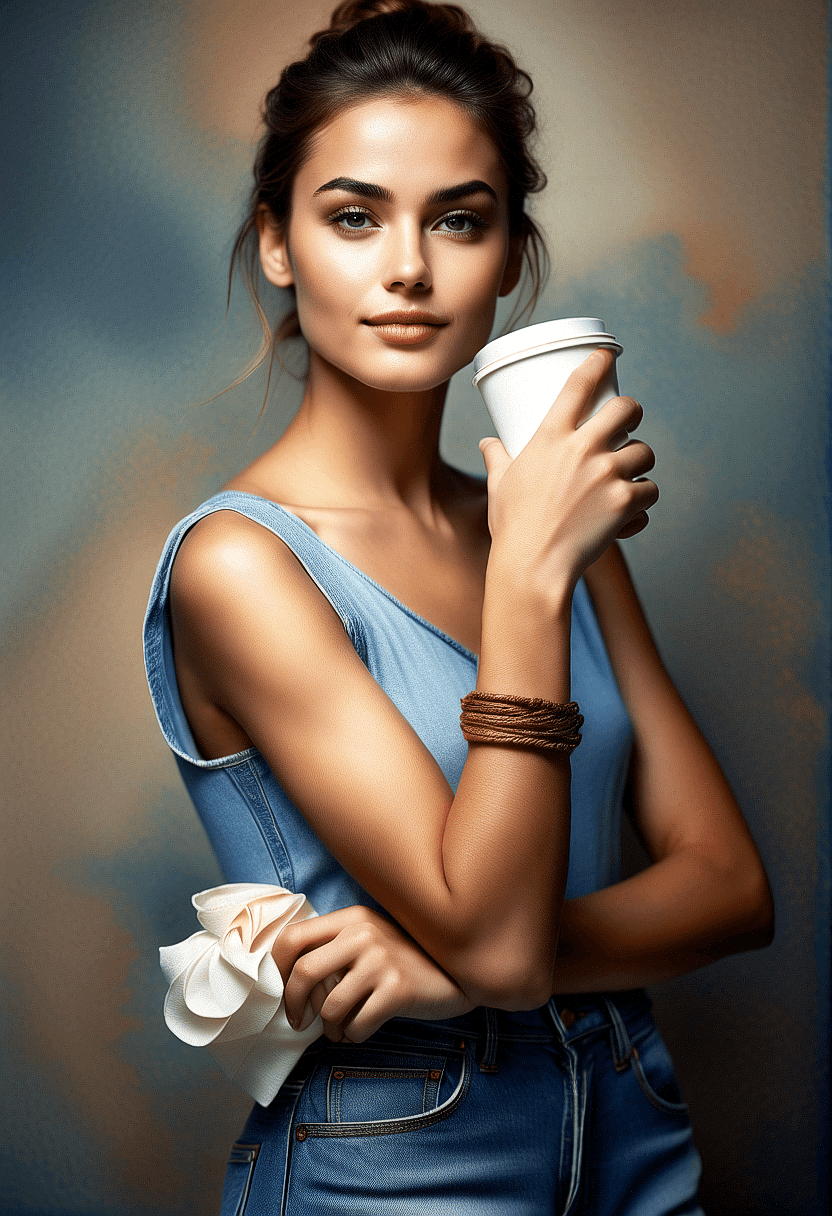 AI generated: A photorealistic image of a woman in a stylish denim ensemble. She wears a sleeveless, form-fitting ...