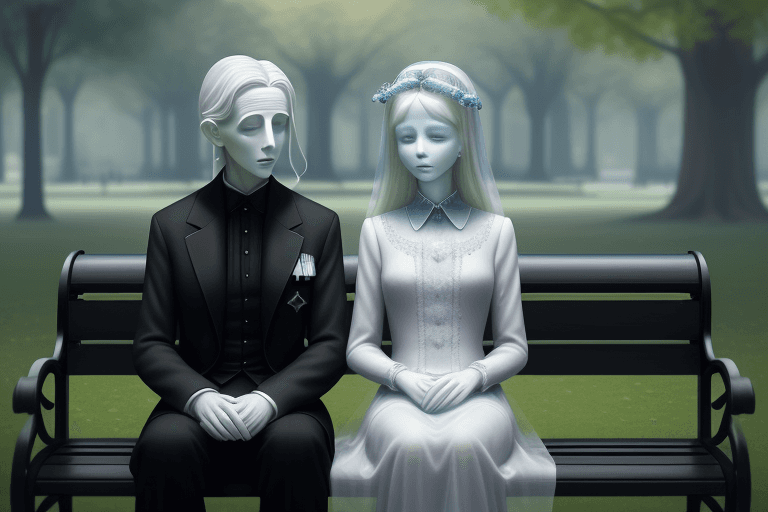 AI generated: pristine, elite, fine, polished,
show me a art photo painting of a man and ghostly woman sitting on ...
