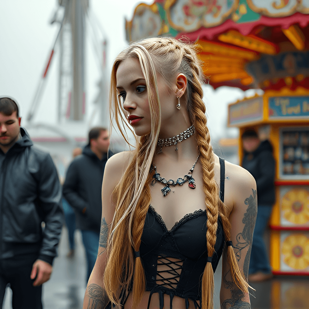 AI generated: A digital video still of a goth punk girl with long blonde braided hair, subtle tattoos, and torn cl...