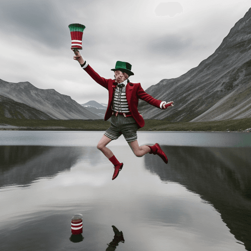 AI generated: Juggler without beard in shorts and jacket with dark green and scarlet red stripes, with a top hat a...
