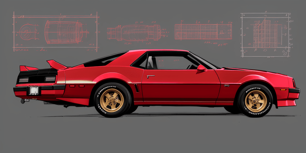 AI generated: ultra realistic, 1988 Camaro (red), driver side view, sketch paper background, sketches, blueprint o...