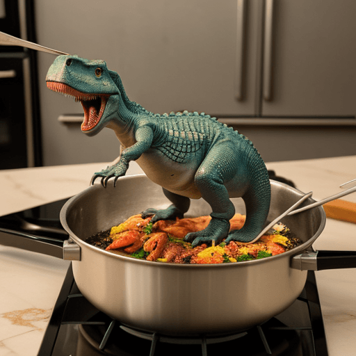 AI generated: dinosaur cooking on a rotating skewer