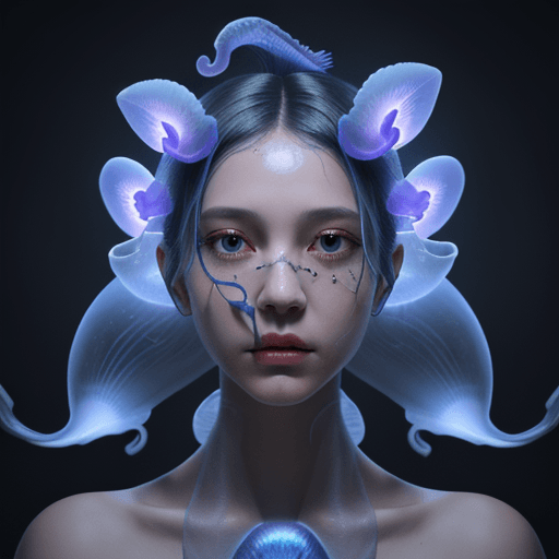 AI generated: Goddess close-up portrait ribcagel. jellyfish phoenix head, nautilus, orchid, skull, betta fish, bio...
