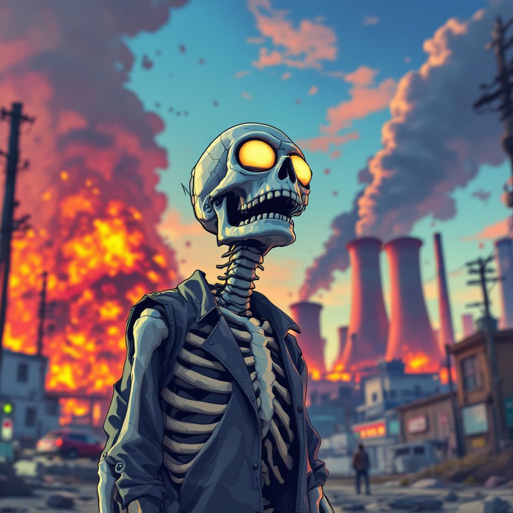 AI generated: homer jay simpson as a skeleton in GTA illustration, surprised look, site of the explosion of a radi...