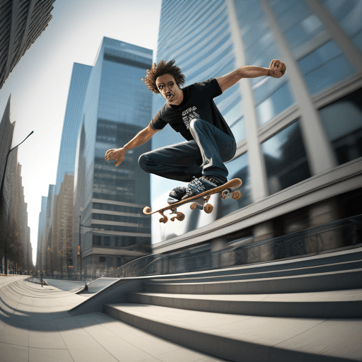 AI generated: realistic photography 3d, dynamic range, in the city, ollie motion with professional man skateboarde...